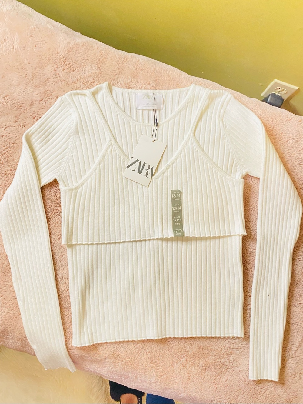 ZARA Ribbed White Layered Knit Girl Top Sz 13-14